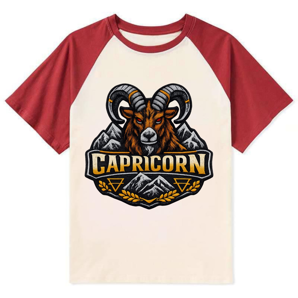 CAPRICORN GOAT - mountain goat in brown and gray , earth sign - Contrast Raglan T-shirt - Red