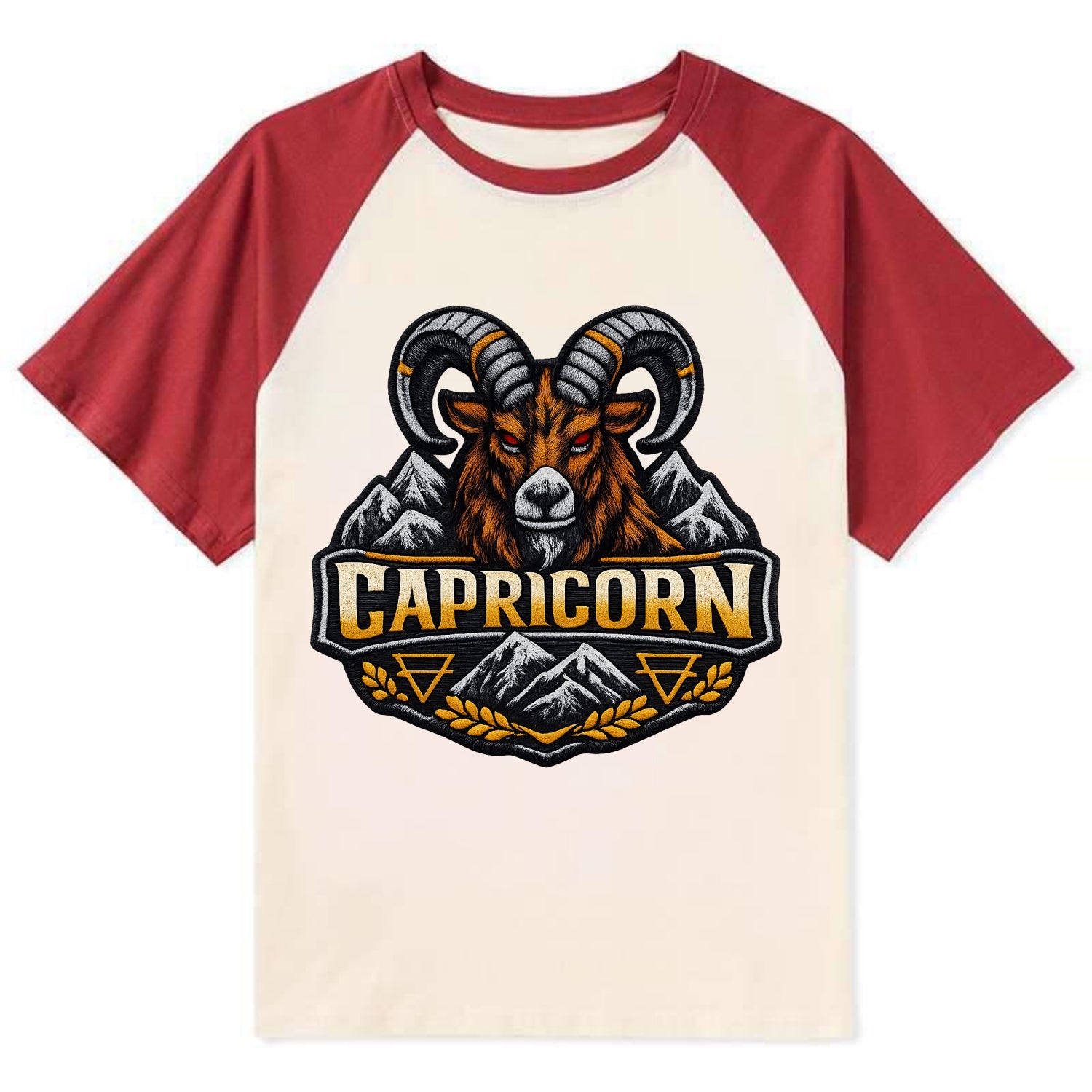 CAPRICORN GOAT - mountain goat in brown and gray , earth sign - Contrast Raglan T-shirt - Red