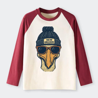 New Orleans Pelican wearing New Orleans beanie with pom pom and - Raglan Long Sleeve T-Shirt - Red