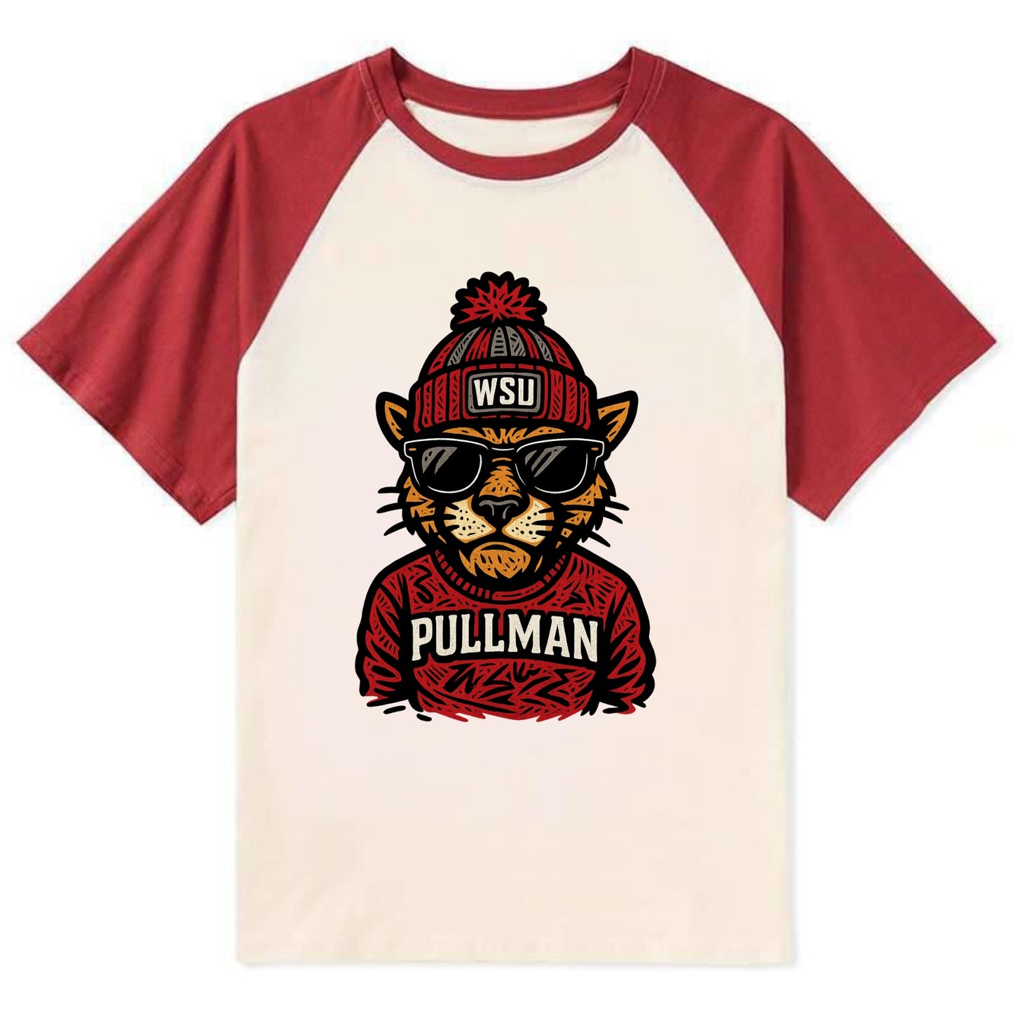 Pullman Cougar wearing Washington State beanie with WSU patch - Contrast Raglan T-shirt - Red