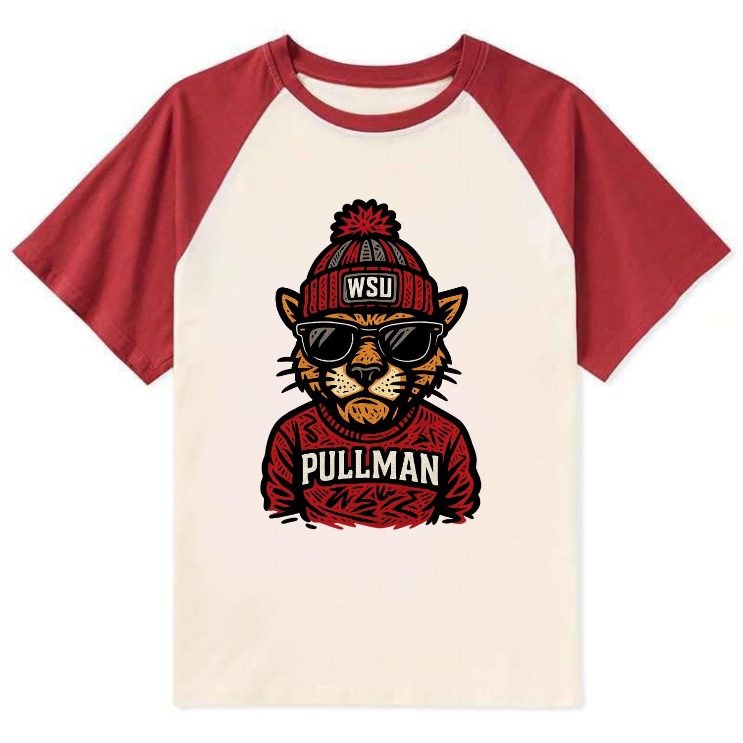 Pullman Cougar wearing Washington State beanie with WSU patch - Contrast Raglan T-shirt - Red