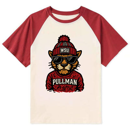 Pullman Cougar wearing Washington State beanie with WSU patch - Contrast Raglan T-shirt - Red