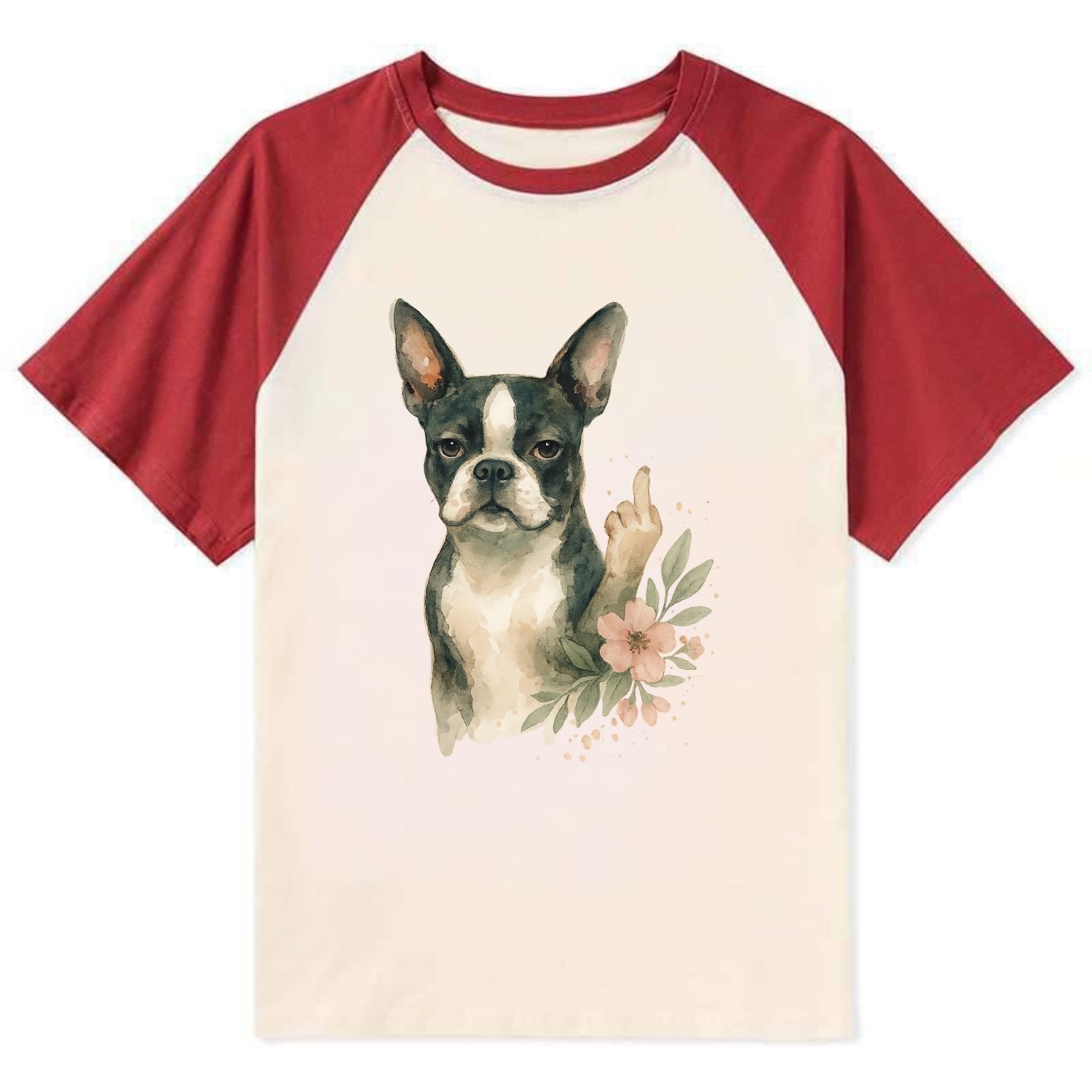 Boston Terrier with tuxedo markings, perky ears, paw up giving sass - Contrast Raglan T-shirt - Red