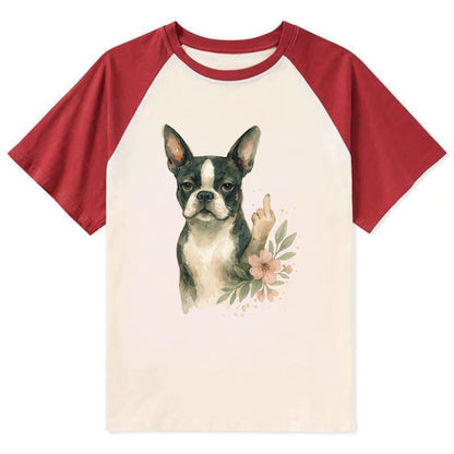 Boston Terrier with tuxedo markings, perky ears, paw up giving sass - Contrast Raglan T-shirt - Red