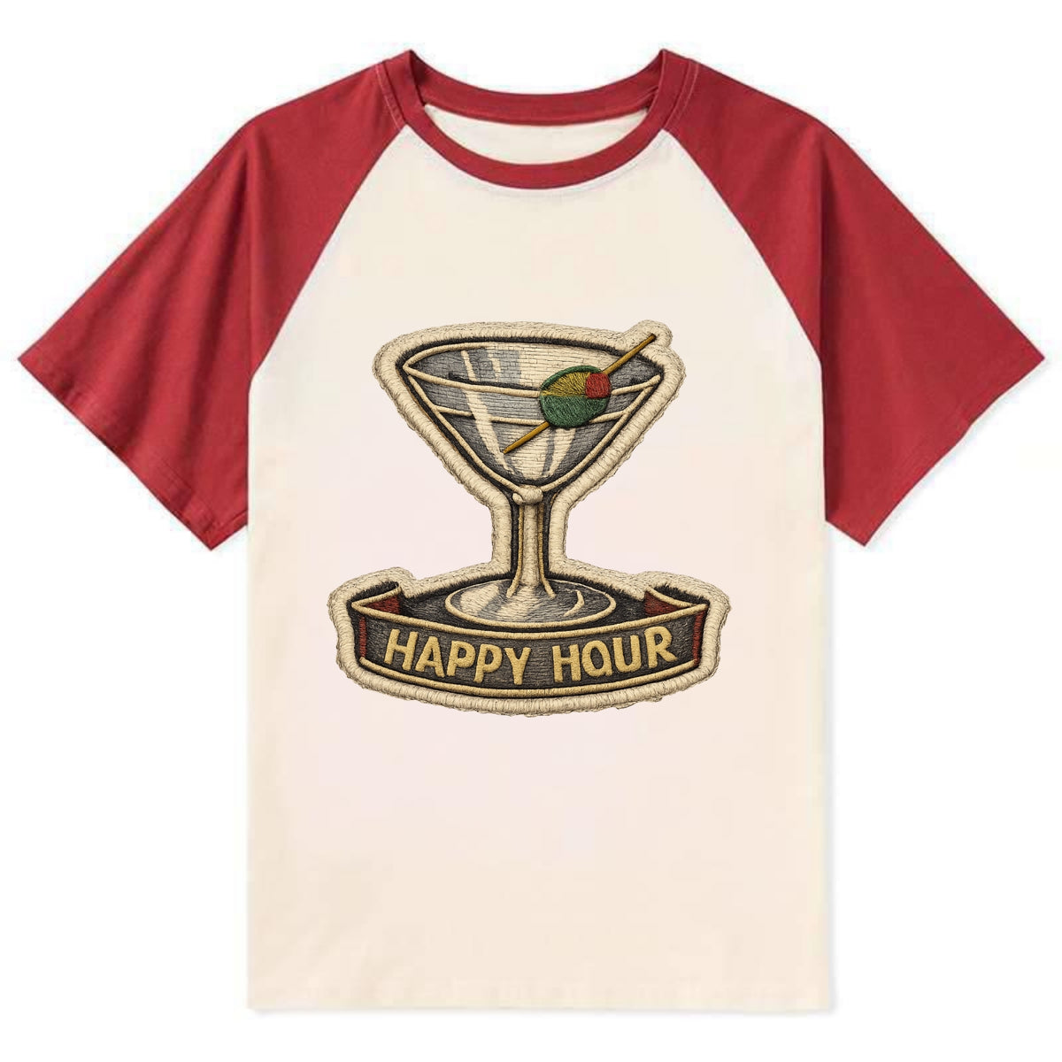 COCKTAIL MARTINI - martini glass with olive in silver and green , happy - Contrast Raglan T-shirt - Red