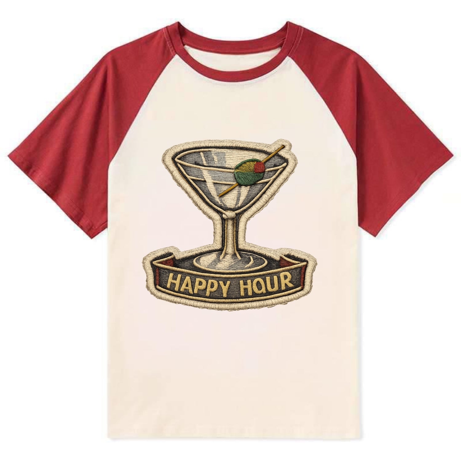 COCKTAIL MARTINI - martini glass with olive in silver and green , happy - Contrast Raglan T-shirt - Red