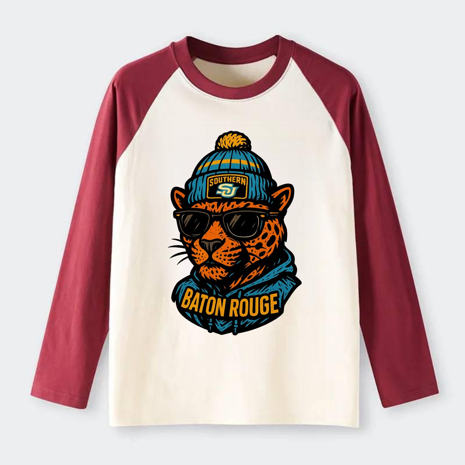 Baton Rouge Jaguar wearing Southern beanie with SU patch - Raglan Long Sleeve T-Shirt - Red