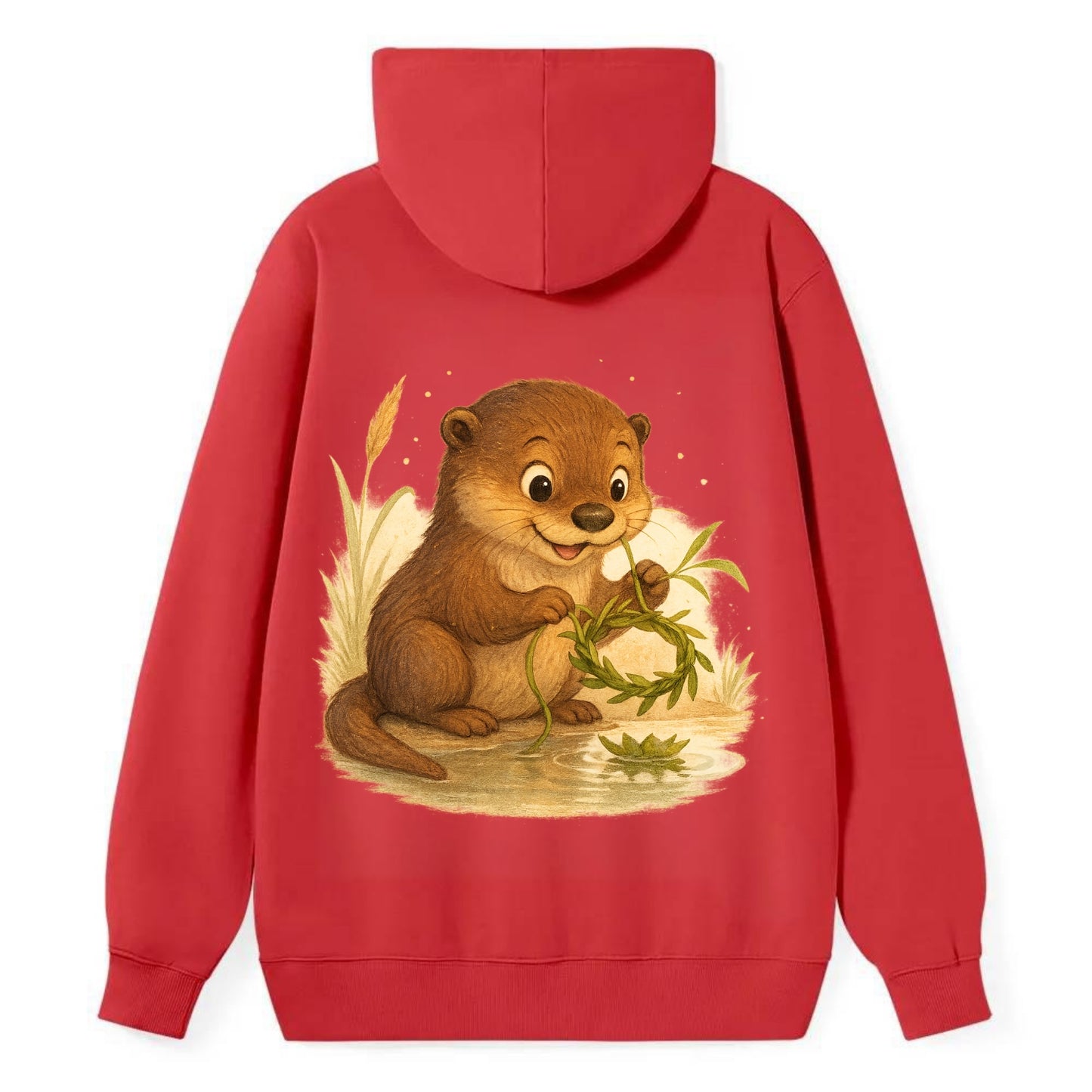 Otter weaving river reeds into a floating crown beside mirror-still water - Classic Pullover Hoodie - Red