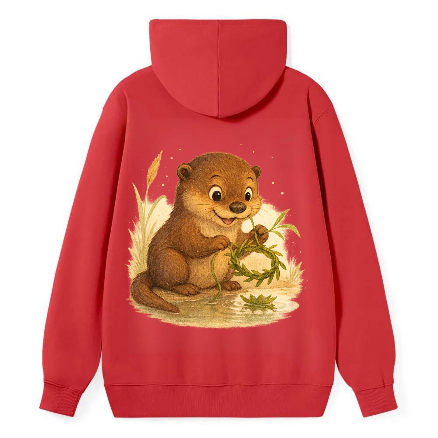 Otter weaving river reeds into a floating crown beside mirror-still water - Classic Pullover Hoodie - Red