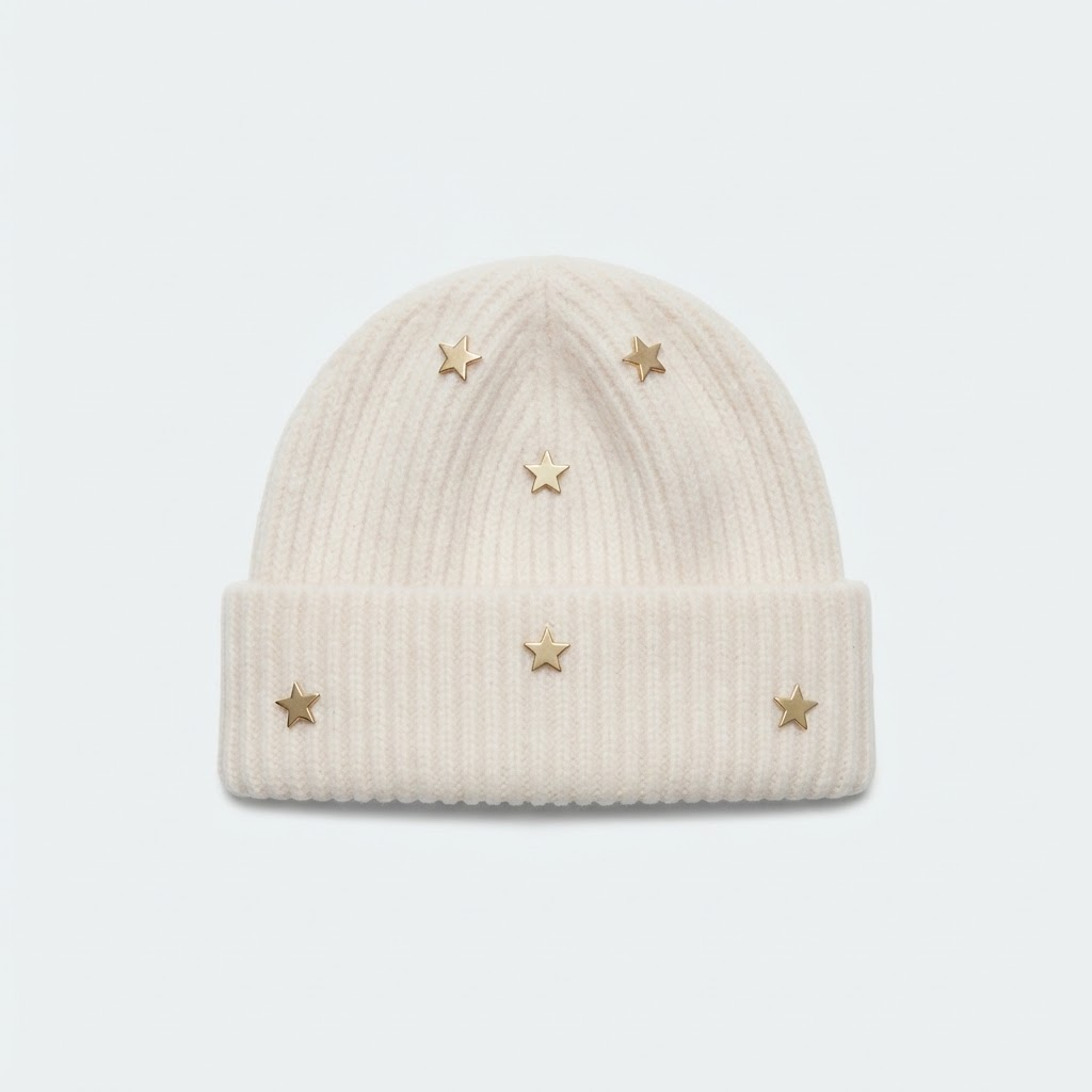 Star Knit Beanie | Ribbed Winter Hat with Gold Stars
