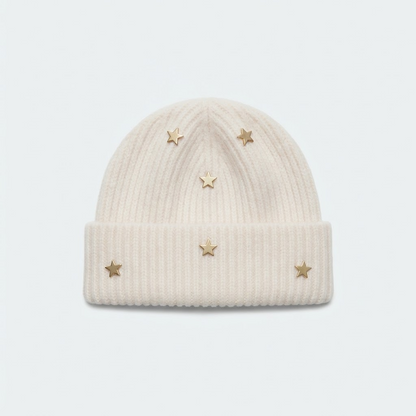 Star Knit Beanie | Ribbed Winter Hat with Gold Stars