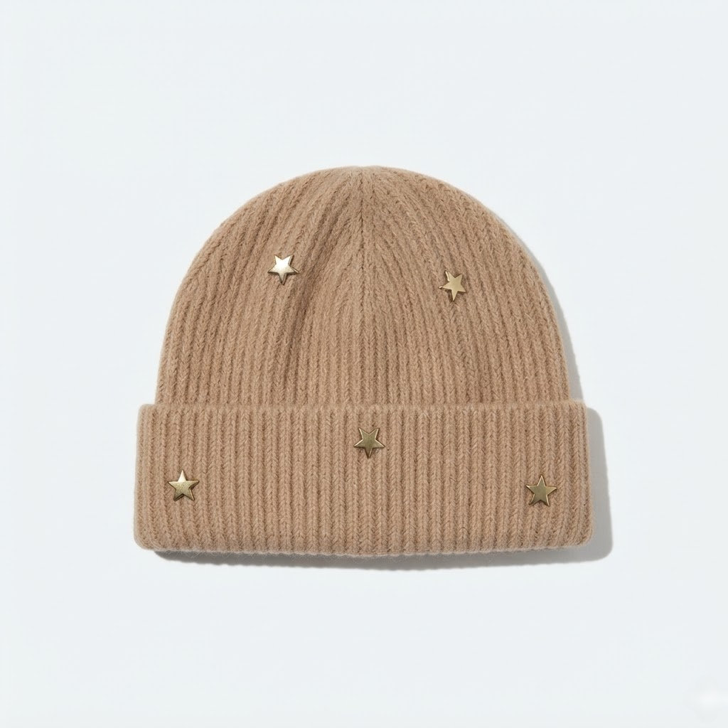 Star Knit Beanie | Ribbed Winter Hat with Gold Stars