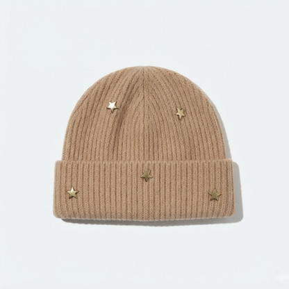Star Knit Beanie | Ribbed Winter Hat with Gold Stars