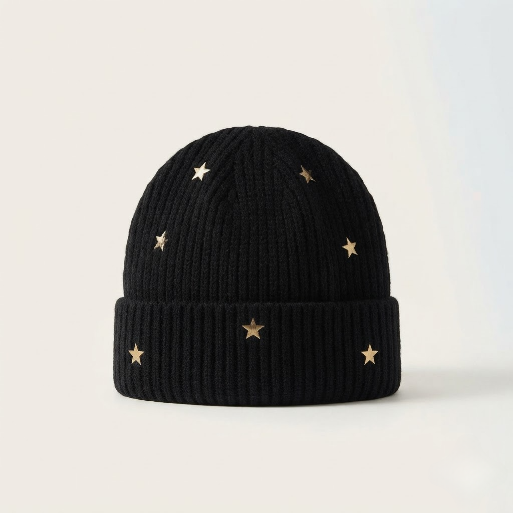 Star Knit Beanie | Ribbed Winter Hat with Gold Stars