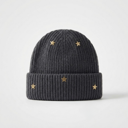 Star Knit Beanie | Ribbed Winter Hat with Gold Stars
