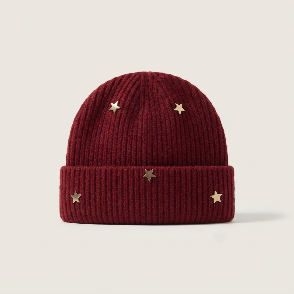 Star Knit Beanie | Ribbed Winter Hat with Gold Stars