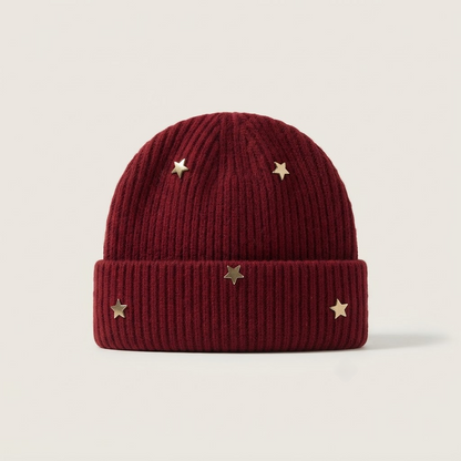 Star Knit Beanie | Ribbed Winter Hat with Gold Stars