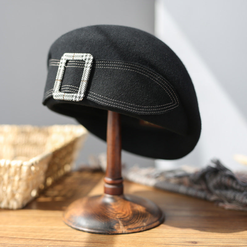 Stylish Wool Beret Hat with Bow - Vintage Chic