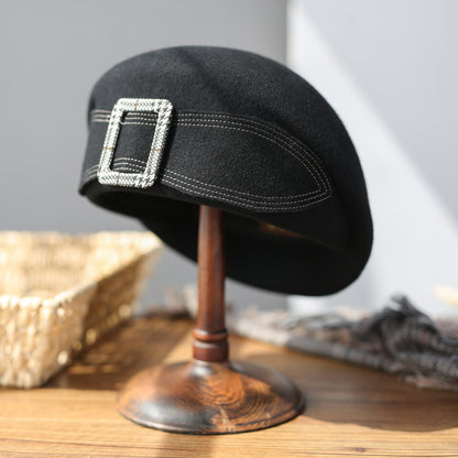 Stylish Wool Beret Hat with Bow - Vintage Chic