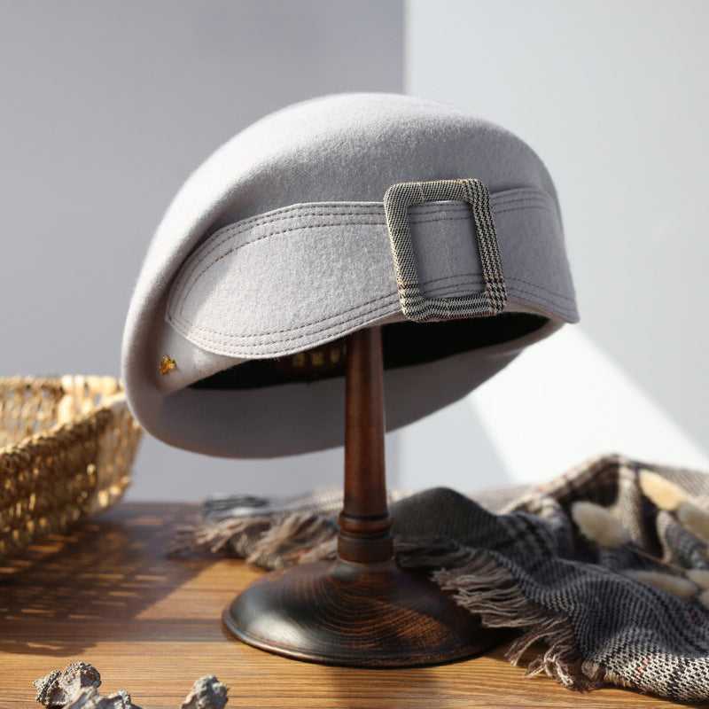 Stylish Wool Beret Hat with Bow - Vintage Chic
