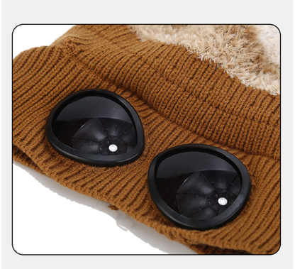 Pilot Goggles-Embellished Knitted Beanie for Unisex, Autumn Winter Warm Ski Hat, Trendy Versatile Cold-Protection Headwear