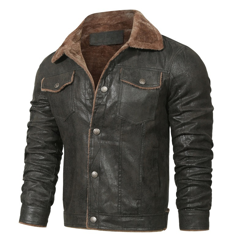 Men's Warm Fleece PU Leather Jacket, Casual Lapel Faux Leather Jacket Coat For Fall Winter