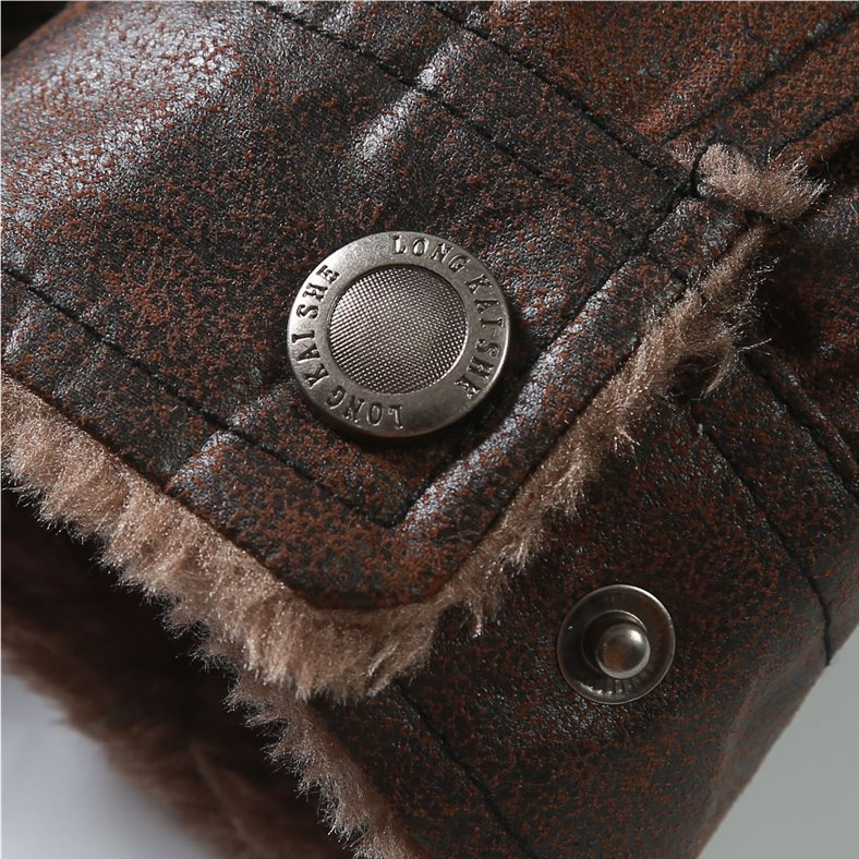 Men's Warm Fleece PU Leather Jacket, Casual Lapel Faux Leather Jacket Coat For Fall Winter