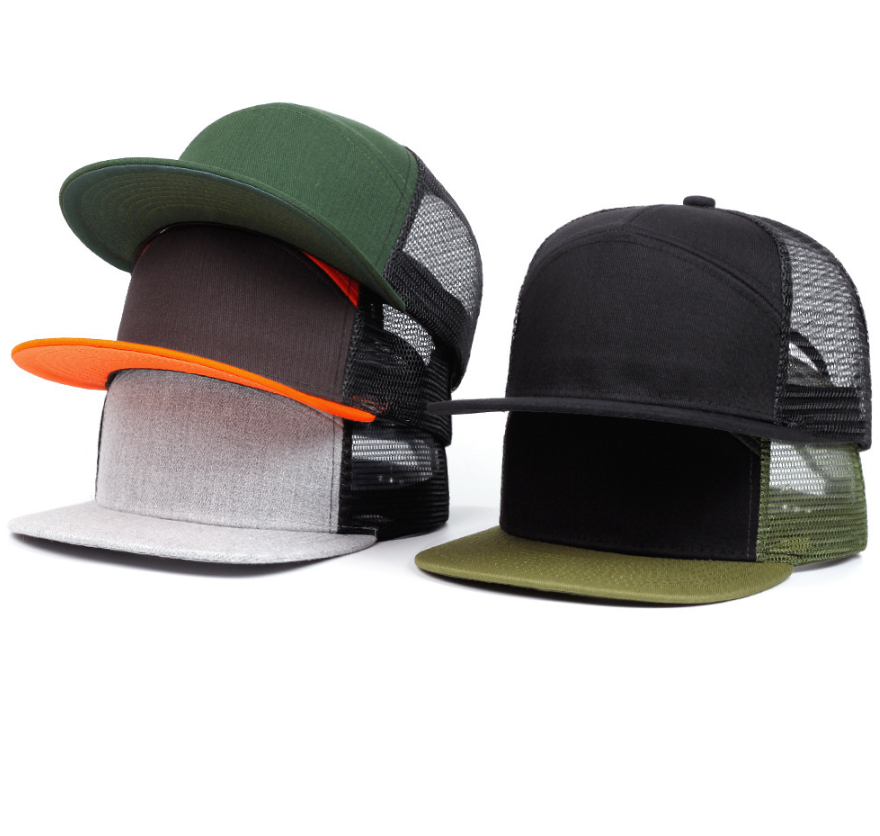 7-Panel Flat Brim Trucker Hat – Breathable Mesh Back, Lightweight Cotton Blend, Unisex Summer Outdoor Sun Protection Cap