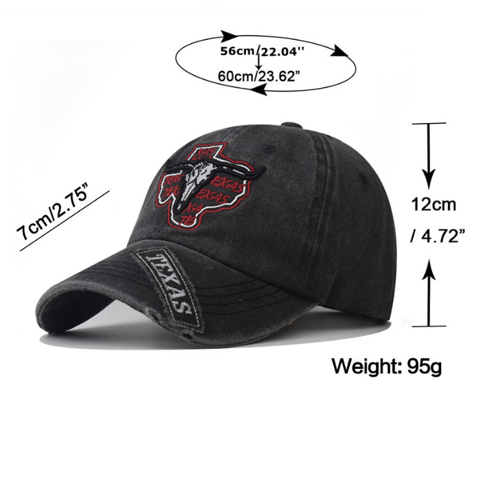 Retro Texas Longhorn Skull Embroidered Baseball Cap - Vintage Washed Cotton Hat