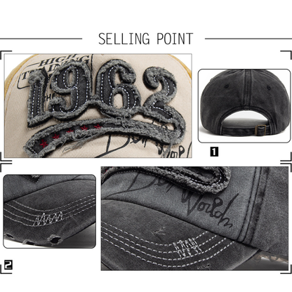 Vintage 1962 Distressed Baseball Cap - Washed Cotton Patchwork Hat with Embroidery and Adjustable Strap