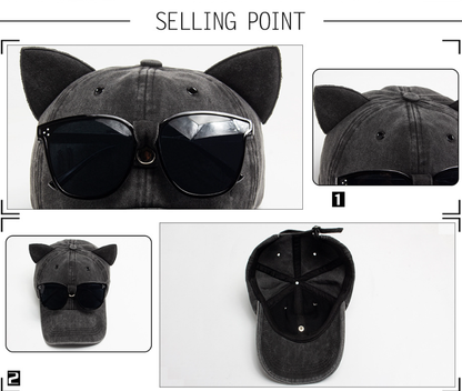 Vintage Cat Ear Baseball Cap -  Washed Distressed Cotton Hat with Sunglasses Holder