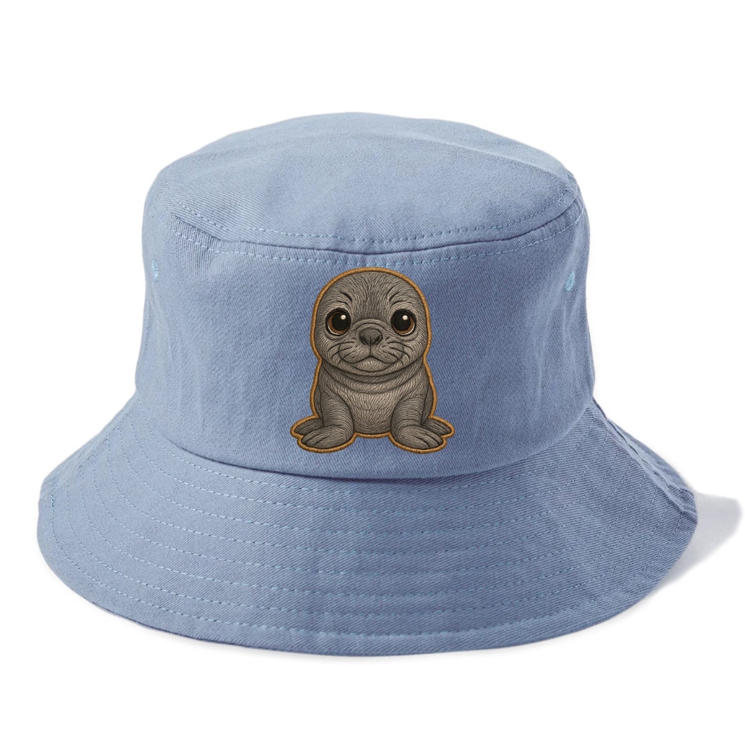 Baby Elephant Seal - gray wrinkly, tiny trunk nose, big dark eyes, front-facing, funny - Bucket Hat - Summer Sky(Blue)