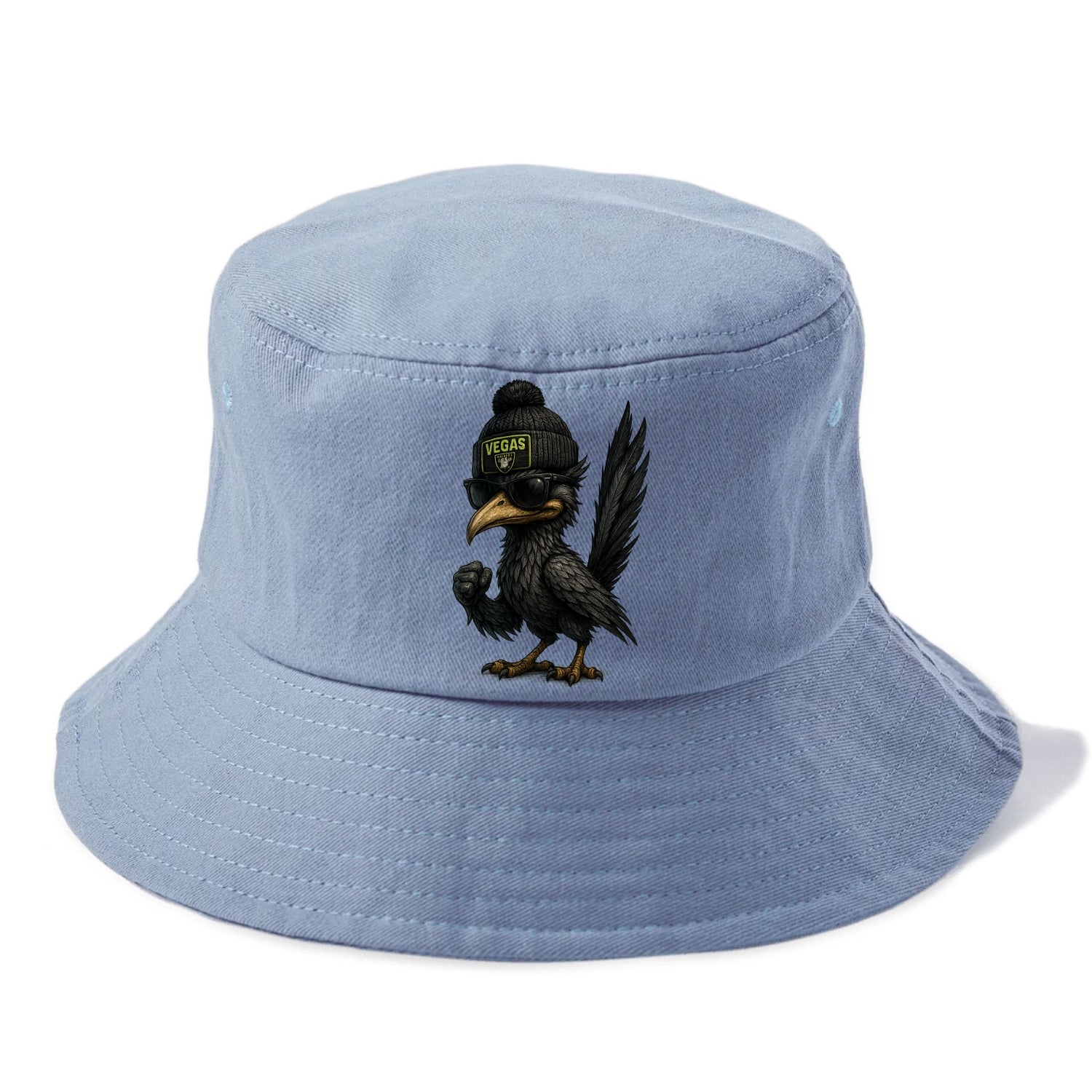 Vegas Roadrunner wearing Raiders beanie with neon patch and wayfarer sunglasses - Bucket Hat - Summer Sky(Blue)