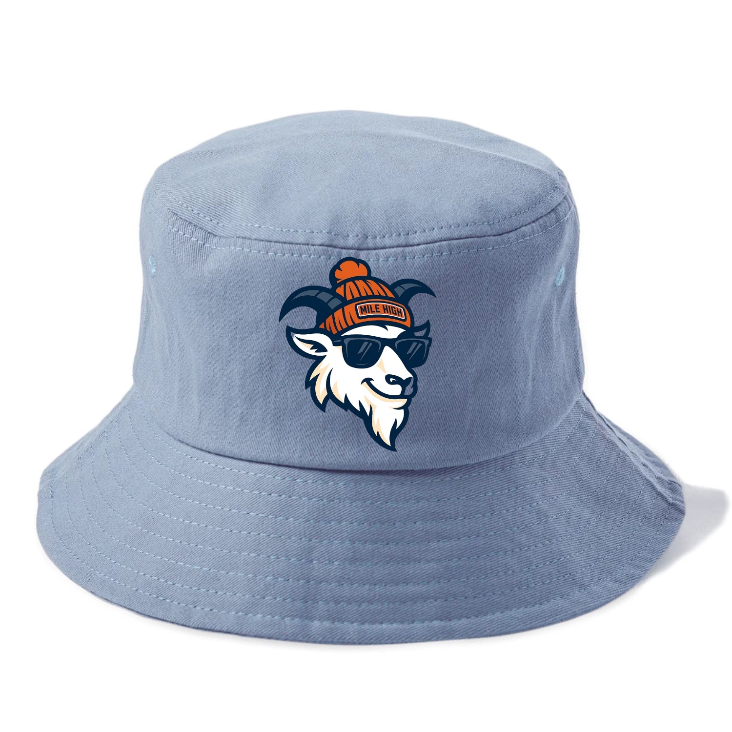 Denver Mountain Goat wearing Broncos beanie with Mile High patch and wayfarer - Bucket Hat - Summer Sky(Blue)
