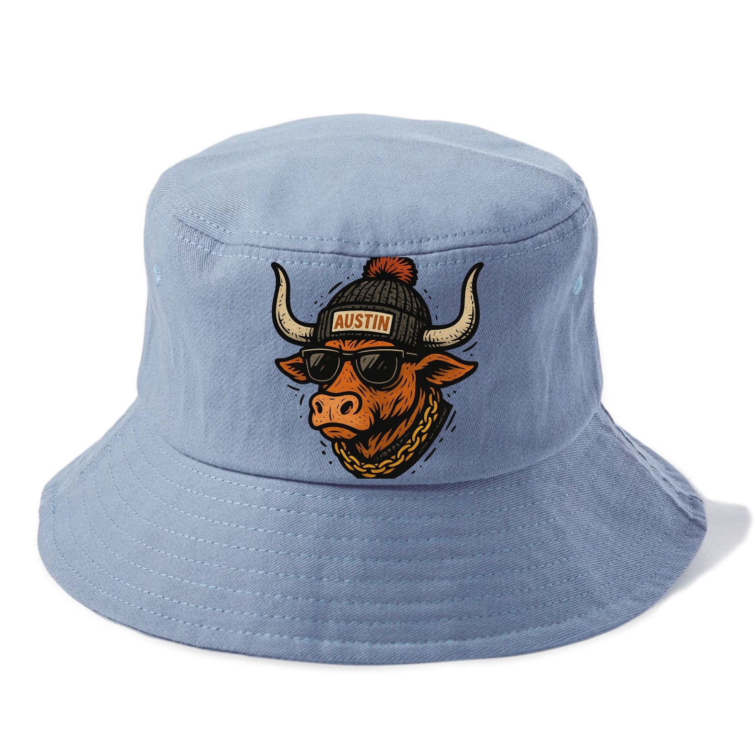 Texas Longhorn wearing Austin beanie with pom pom and wayfarer sunglasses - Bucket Hat - Summer Sky(Blue)