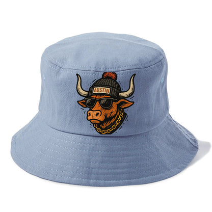 Texas Longhorn wearing Austin beanie with pom pom and wayfarer sunglasses - Bucket Hat - Summer Sky(Blue)