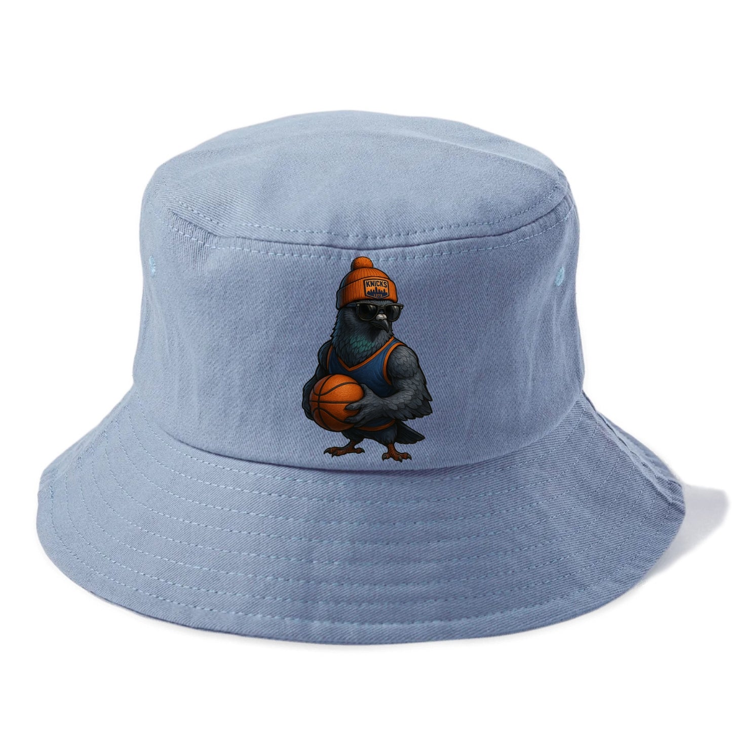 Manhattan Pigeon wearing Knicks beanie with skyline patch and wayfarer sunglasses - Bucket Hat - Summer Sky(Blue)