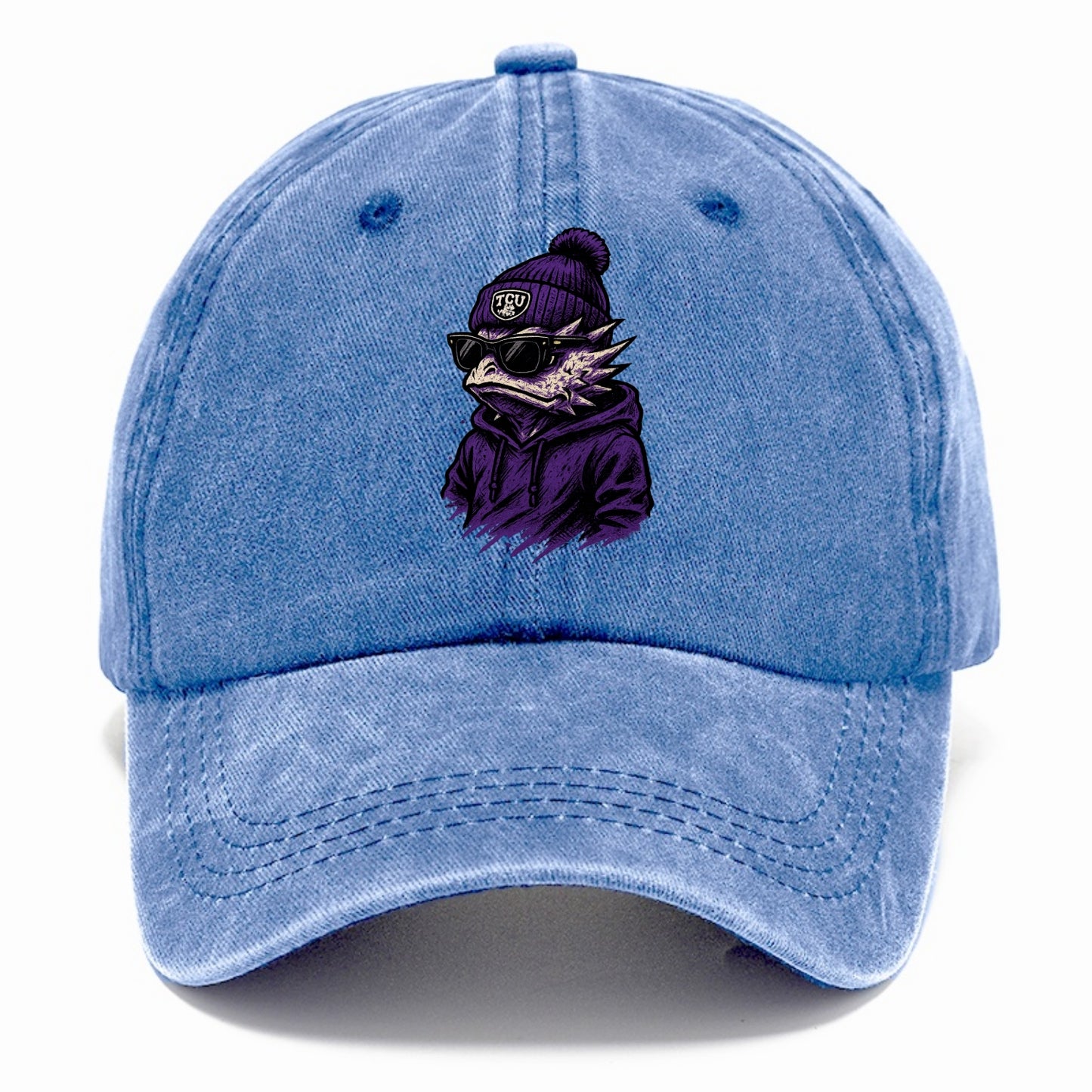 Fort Worth Horned Frog wearing TCU beanie with frog patch - Classic Cap - Summer Sky(Blue)