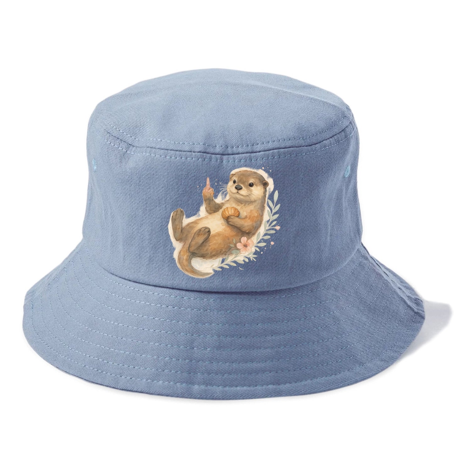 adorable otter floating on back, middle finger up while holding a shellfish - Bucket Hat - Summer Sky(Blue)