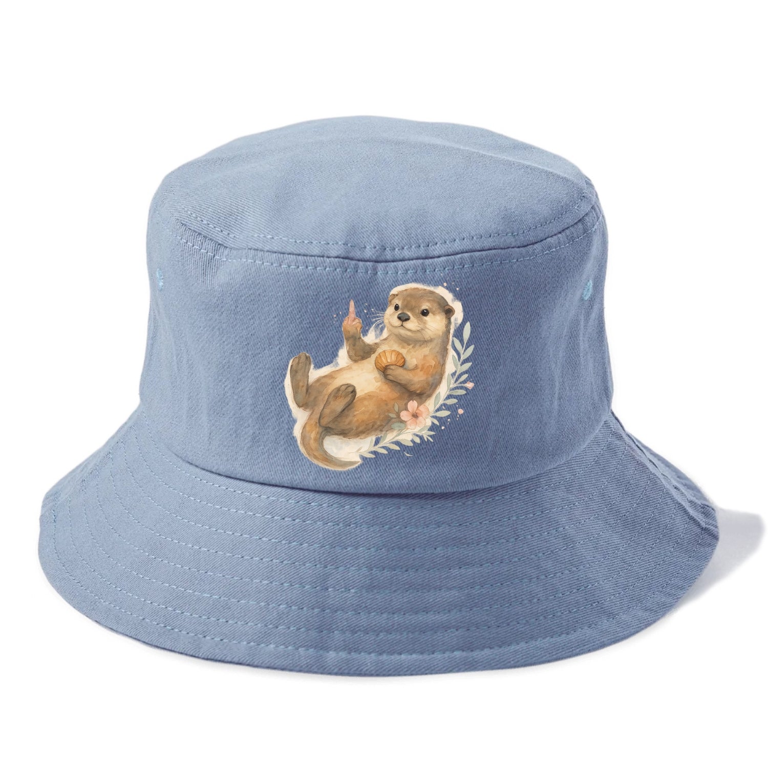 adorable otter floating on back, middle finger up while holding a shellfish - Bucket Hat - Summer Sky(Blue)