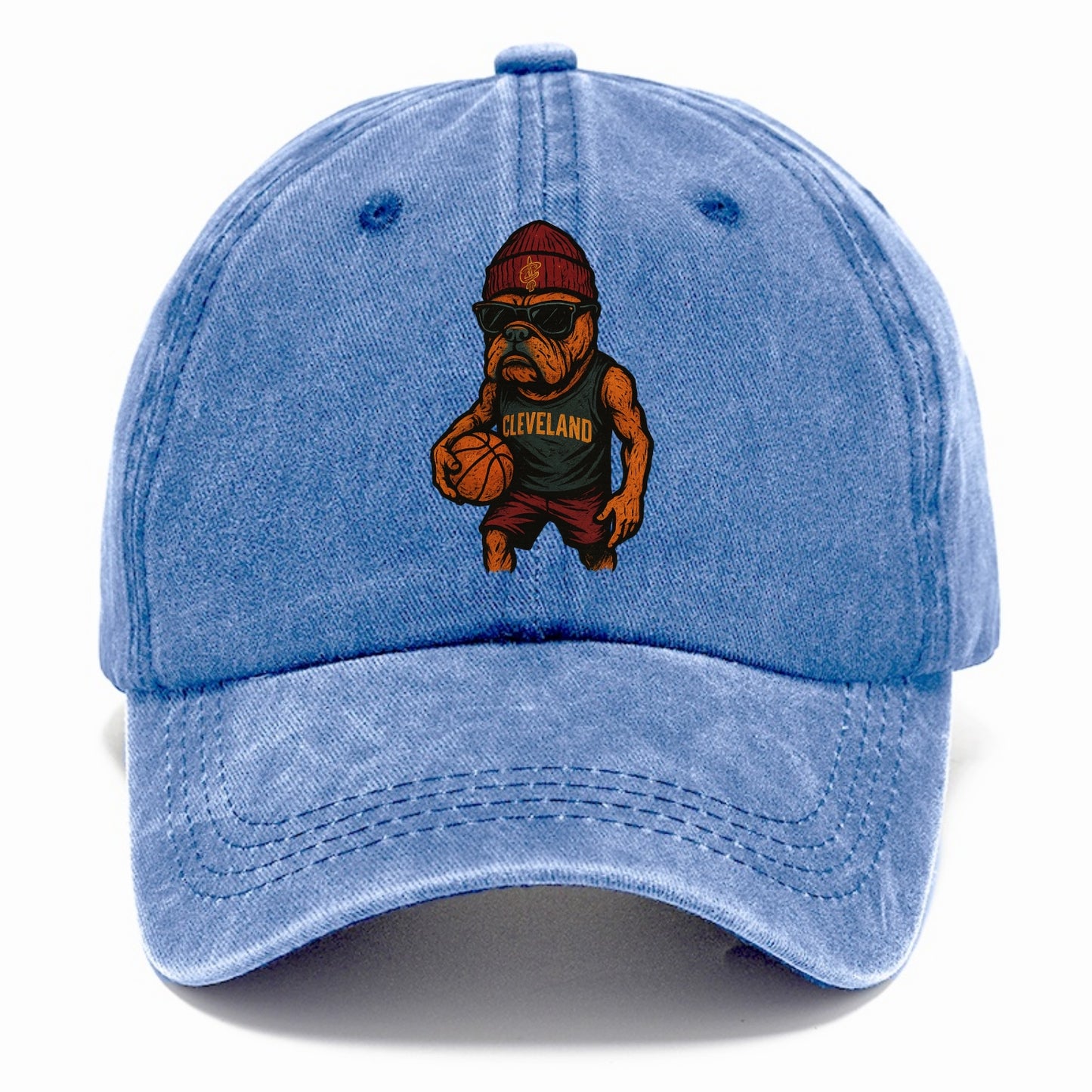 Cleveland Bulldog wearing Cavaliers wine and gold beanie with sword patch and - Classic Cap - Summer Sky(Blue)