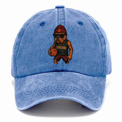 Cleveland Bulldog wearing Cavaliers wine and gold beanie with sword patch and - Classic Cap - Summer Sky(Blue)