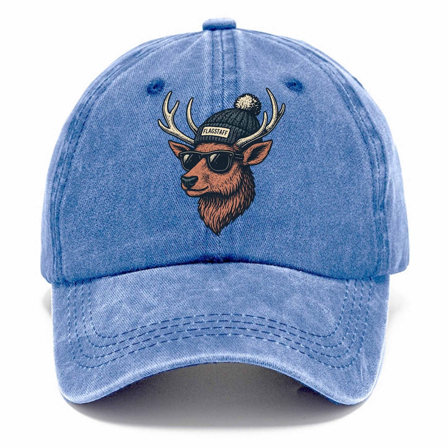 Flagstaff Elk wearing Flagstaff beanie with pom pom and wayfarer sunglasses - Classic Cap - Summer Sky(Blue)
