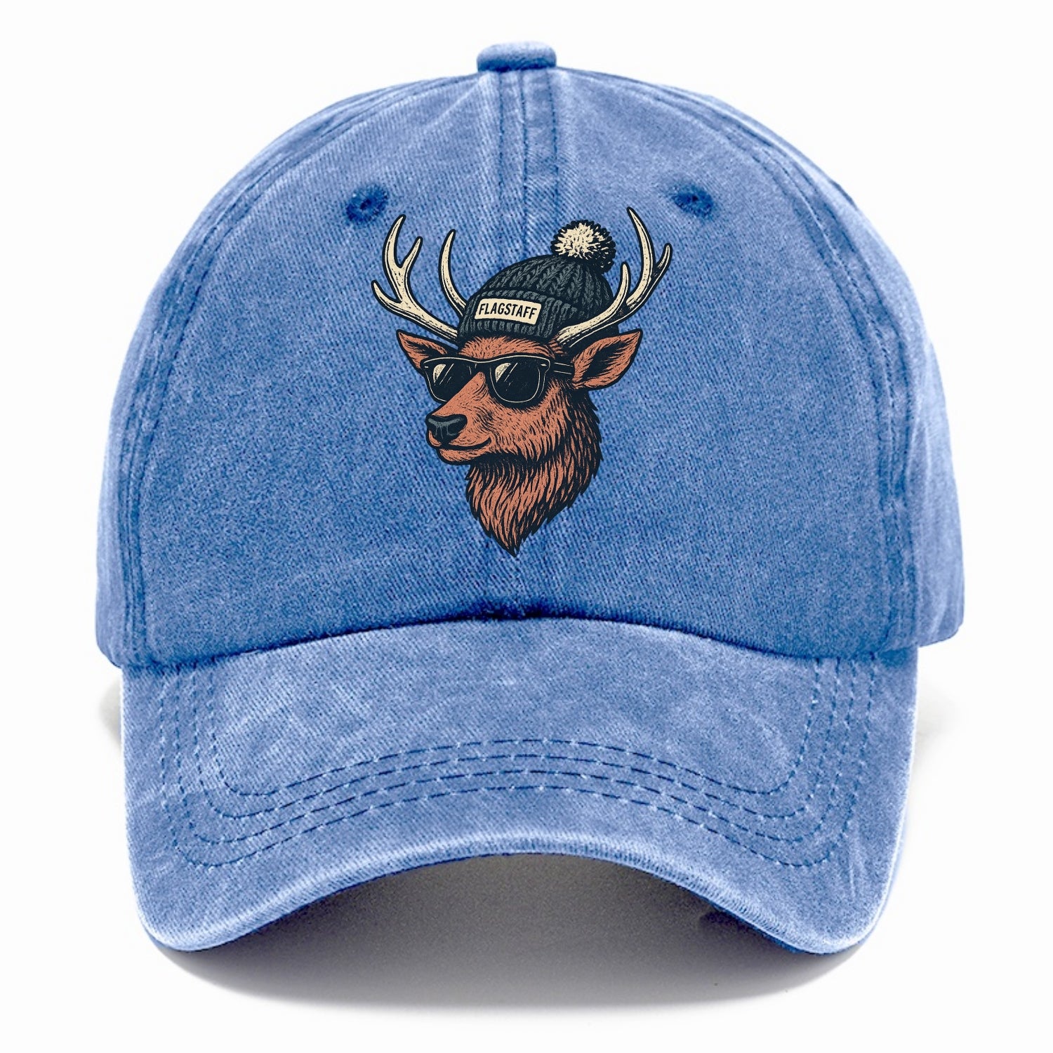 Flagstaff Elk wearing Flagstaff beanie with pom pom and wayfarer sunglasses - Classic Cap - Summer Sky(Blue)