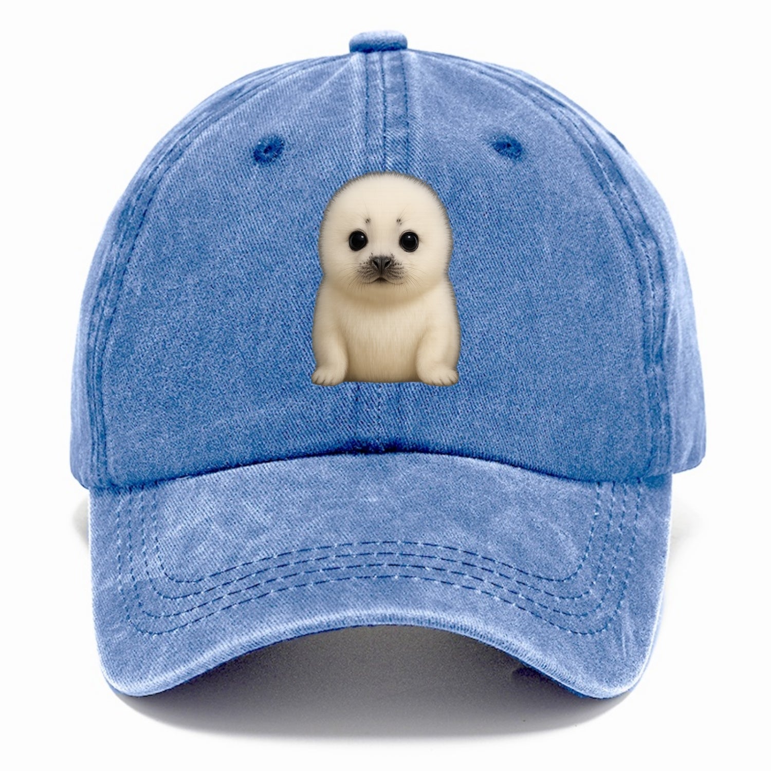 Baby Harp Seal - pure white fluffy fur, enormous dark eyes, front-facing, iconic cute - Classic Cap - Summer Sky(Blue)