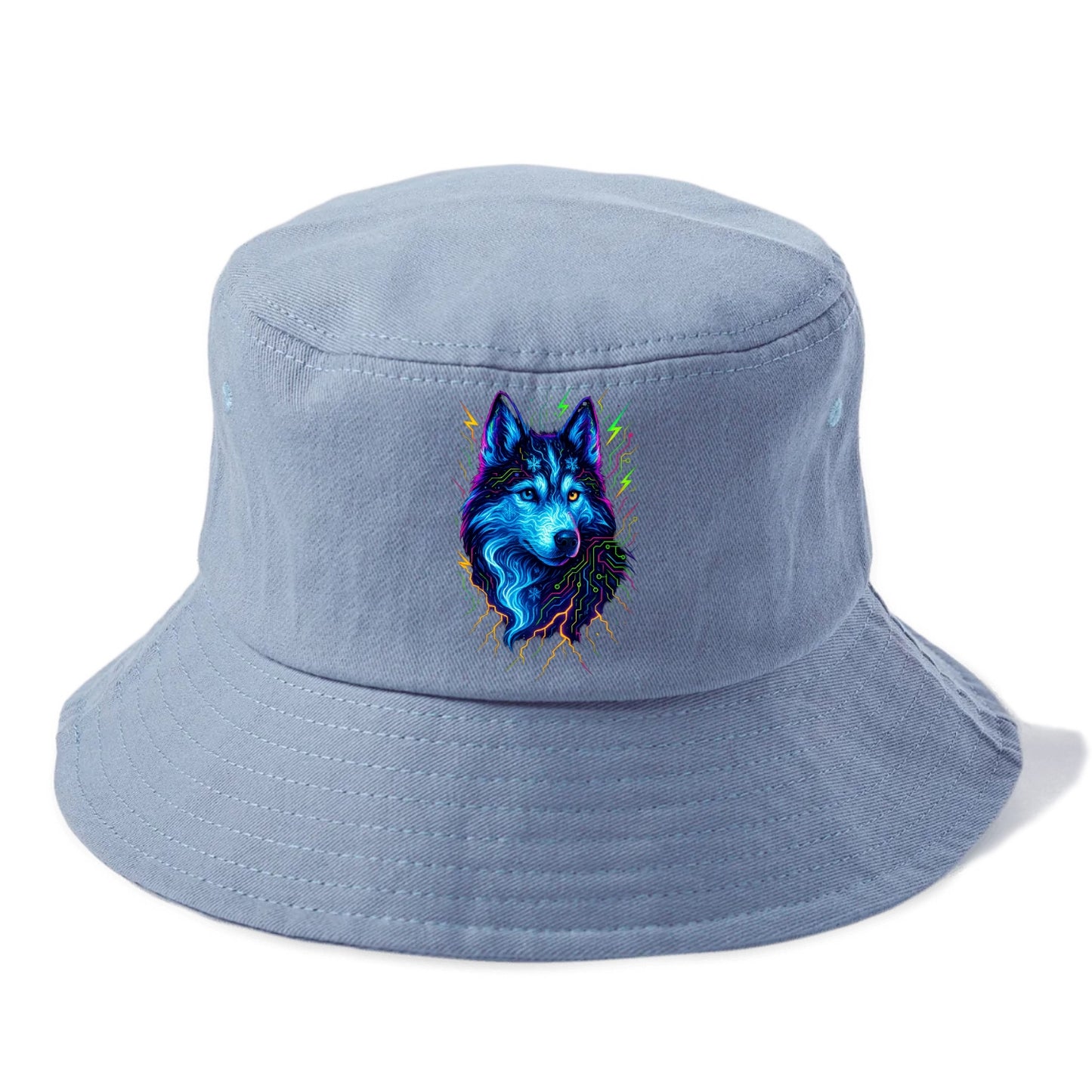 Siberian husky with ice-crystal flowing patterns, electric blue and white swirls, - Bucket Hat - Summer Sky(Blue)