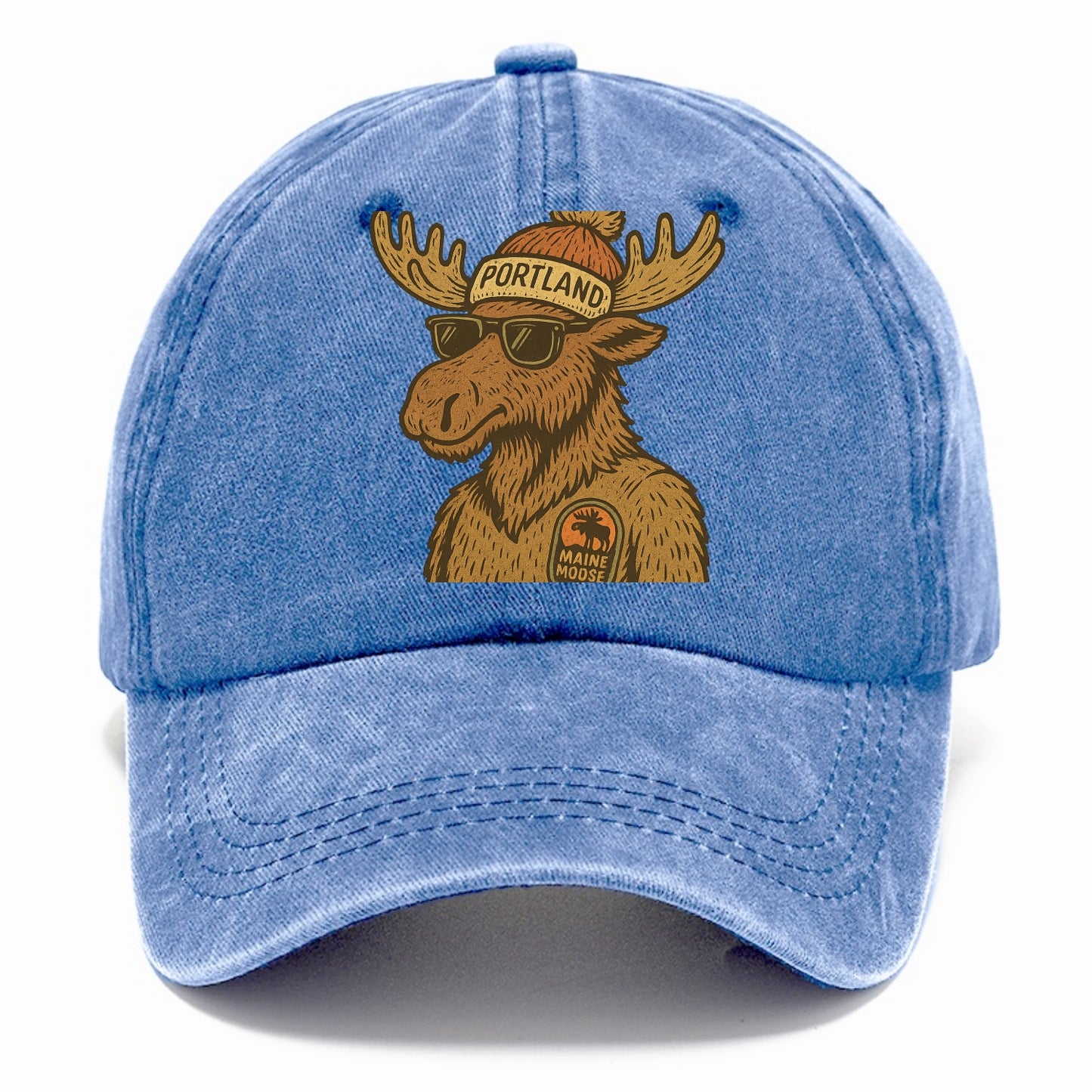 Maine Moose wearing Portland beanie with pom pom and wayfarer sunglasses - Classic Cap - Summer Sky(Blue)