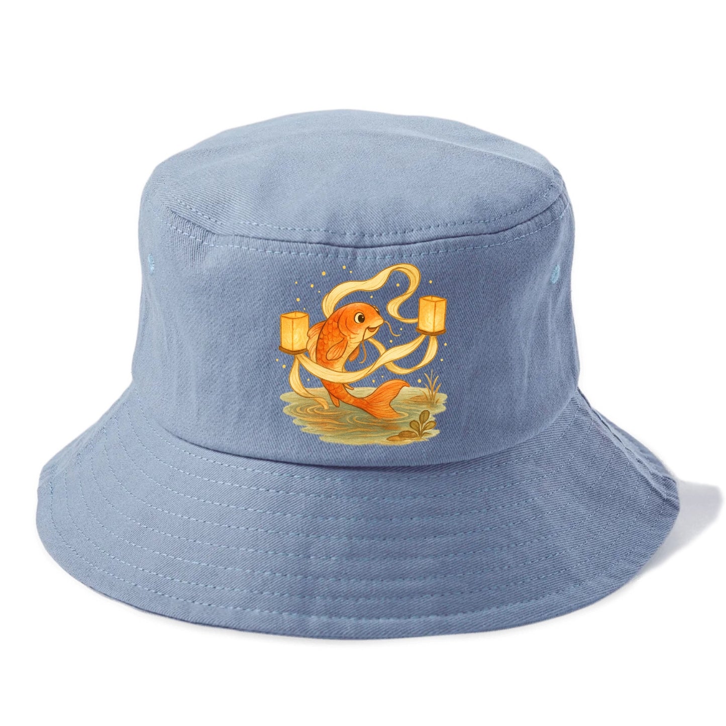Koi weaving silk streamers through floating lanterns on tranquil water - Bucket Hat - Summer Sky(Blue)