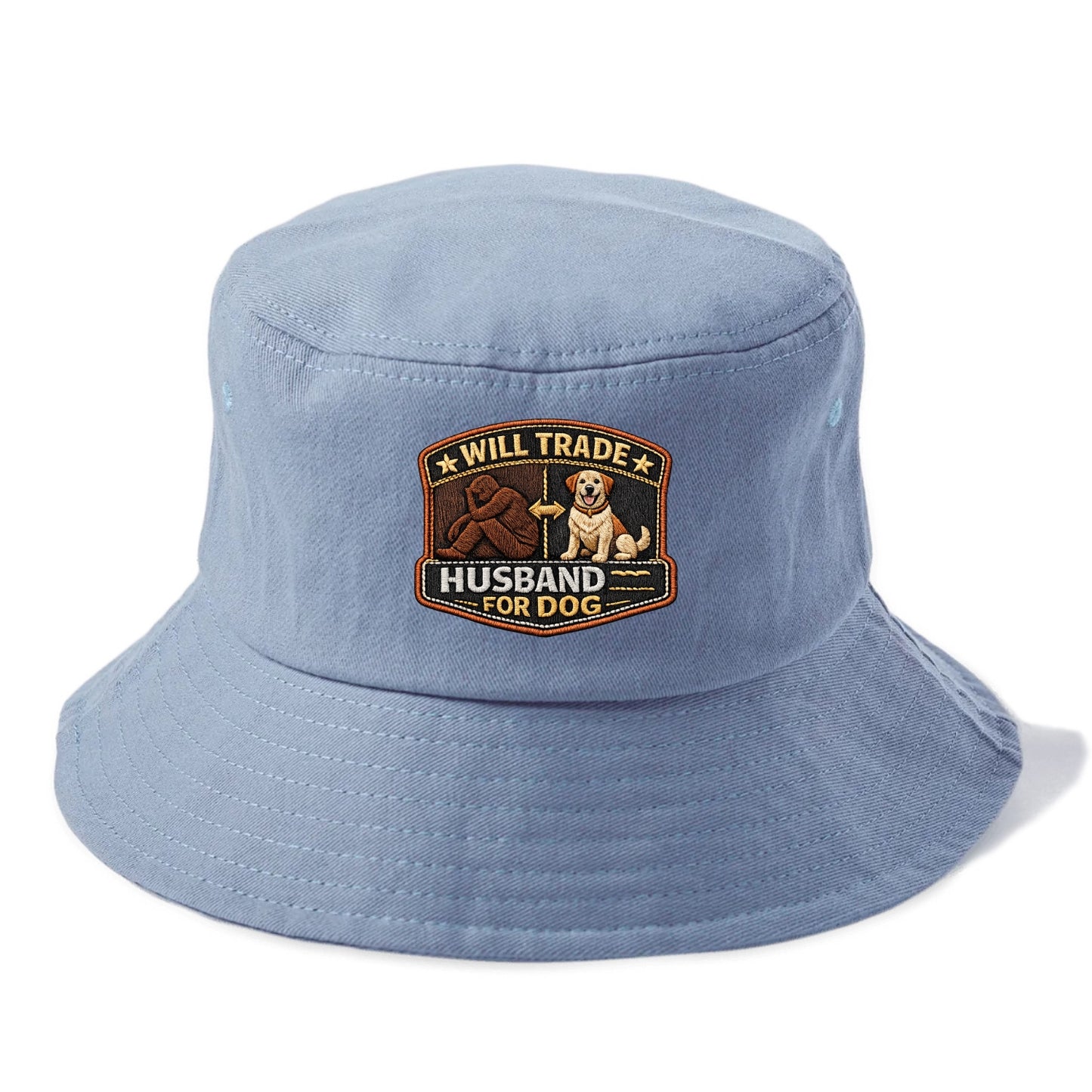 WILL TRADE HUSBAND FOR DOG - dog and man silhouette in brown , pet priority - Bucket Hat - Summer Sky(Blue)