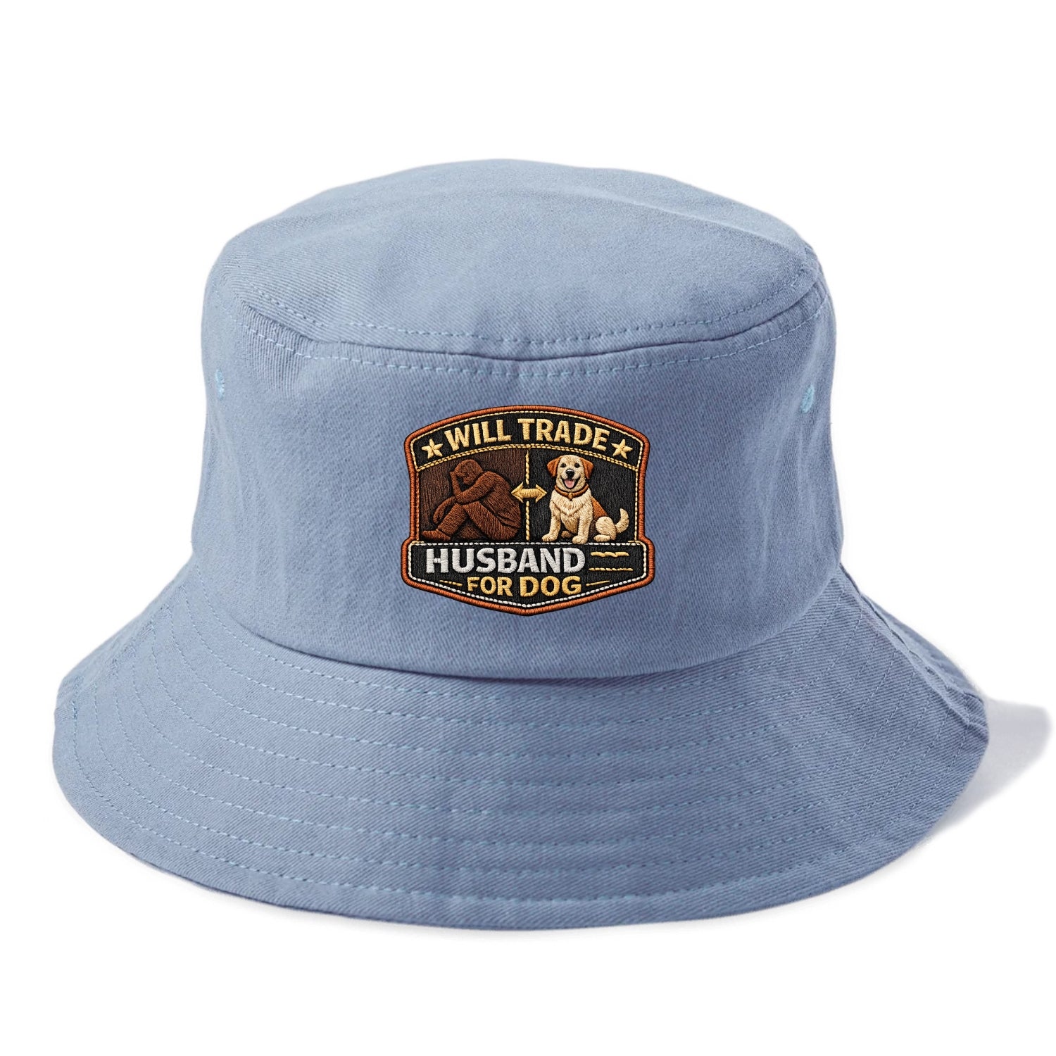 WILL TRADE HUSBAND FOR DOG - dog and man silhouette in brown , pet priority - Bucket Hat - Summer Sky(Blue)